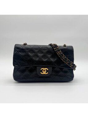 Chanel Large Shoulder Bag Quilted CC Logo Gold Turnlock Double Flap Black